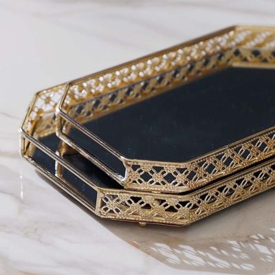 Medalion Set Of 2 Tray S-26X16X3Cm L-33X20X3Cm Titanium Gold