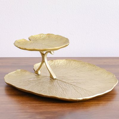 Adira Ornate Metal Lotus Leaf 2-Tier Platter Gold 35.50X32.50X13.50