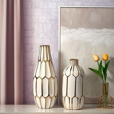 Abriz Vase White/Gold Ceramic  13.5 X 13.5 X 30 CM