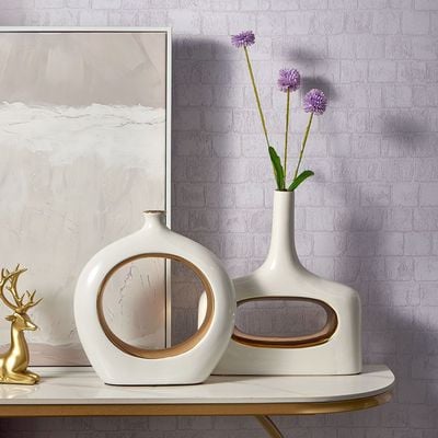 Abriz Vase White/Gold Ceramic  28 X 7.5 X 30.5 CM