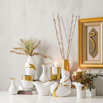 Mateo Ceramic Abstract Rim Vase White/Gold 24X22X22Cm