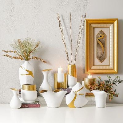 Mateo Ceramic Abstract Rim Vase White/Gold 24X22X22Cm