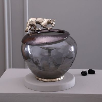 Onyx Metal & Glass Trotting Panther Jar Vase Small Chrome 21.5X21.5X22 Cm