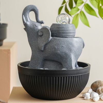 Stalaca Elephant Fountain with Rolling Ball & Yellow Light - Grey - 21x21x26 cm