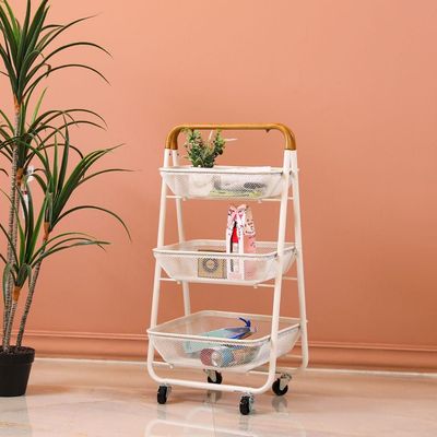 Oliver 3 Tier Bath Storage Cart With Wooden Handle- White