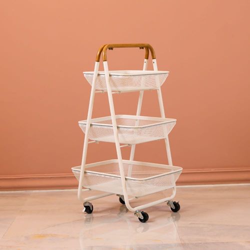 Oliver 3 Tier Bath Storage Cart With Wooden Handle- White