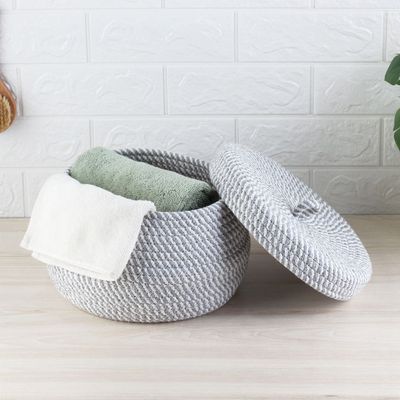 Macaw Cotton Rope Storage Basket W. Lid 23 X 17 Cm Light Grey Set/2