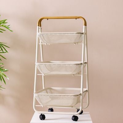 SS24-Oliver 3 Tier Bath Storage Cart With Wooden Handle White 42 X 48 X 88Cm (CK18120-2-005)