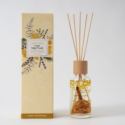 Amara 200ML Fragrance Diffuser Wood Lid Rattan Sticks Lemon and Baby Breath 8.5 x 8.5 x 28.6 Cm