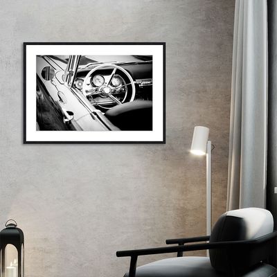 Latin Vintage Car Steering Wheel Wall Art W. Glass Frame 50X70Cm