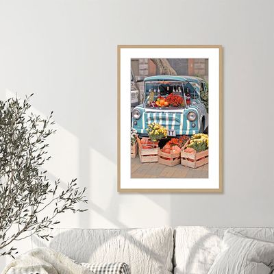 Latin Car Flower Shop In Sicilly Wall Art W. Glass Frame 50X70Cm