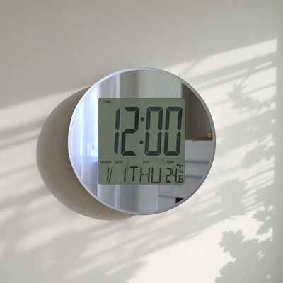 Sazwa Round LCD Clock with Calendar & Alarm Silver 25x25x2.8Cm 