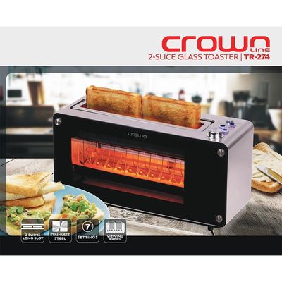 Crownline TR-274 2-Slice Glass Toaster, Wide Slot Toaster, Bagel & Defrost Settings, 1000-1260W, 220-240V, 50/60Hz