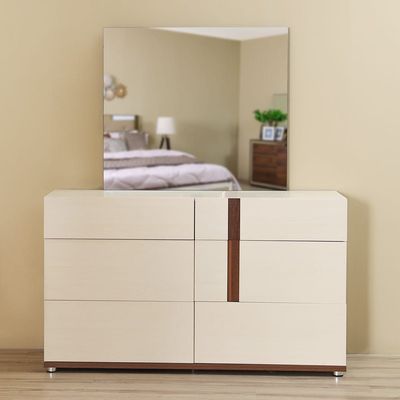 Maybell Dresser with Mirror - White Maple / Walnut