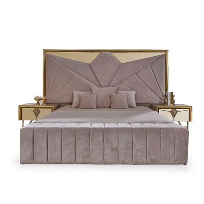Bentley 180x200 King Bed w/ Bed Bench - 2 Night Stand - Beige / Gold