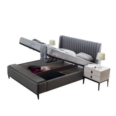 Defne 180X200 King Bed with Hydraulic Underbed Storage & Bench  - Cream/Black