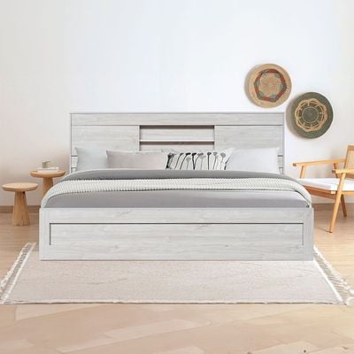 Tisley 180x200 King Bed with Under Bed Storage - Light Oak/White Faux Marble - With 2-Year Warranty