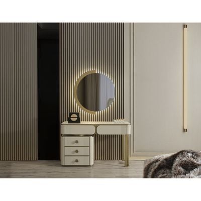 Berlin 180X200 King Bed + 2 Night Stand And Dresser W/ Mirror And Stool- Cream White/Powder Beige/Gold