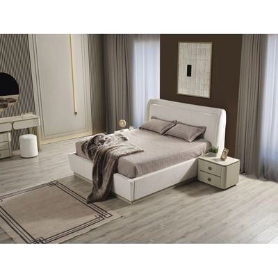 Berlin 180X200 King Bed + 2 Night Stand And Dresser W/ Mirror And Stool- Cream White/Powder Beige/Gold