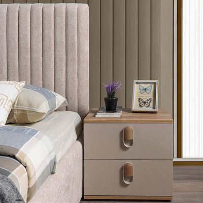 Mono 180x200 King Bed Set with Dresser with Mirror + 2 Nightstands - Beige/Oak - With 2-Year Warranty