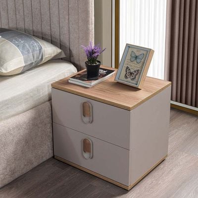 Mono 180x200 King Bed Set with Dresser with Mirror + 2 Nightstands - Beige/Oak - With 2-Year Warranty