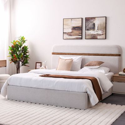 Frazer 180x200 Upholstered King Bed - White/Natural oak