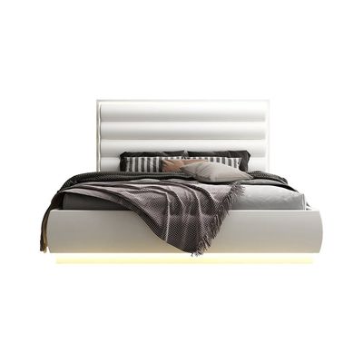 Sonya 180x200 King Bed with Hydraulic Storage and LED lights + 2 Nightstands with LED and Dresser Mirror with LED - White High Gloss - With 2-Year Warranty