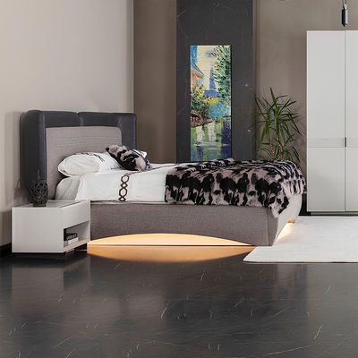 Picasso 180x200 King Bed Set with Hydraulic Storage and LED Lights with Dresser and Mirror + Stool + 2 Night Stands - Grey/White - With 5-Year Warranty