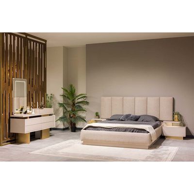 Monza 180x200 King Bed Set with Hydraulic Storage + Dresser with Mirror & LED + Pouf + 2 Nightstands - Cream/Gold - With 2-Year Warranty