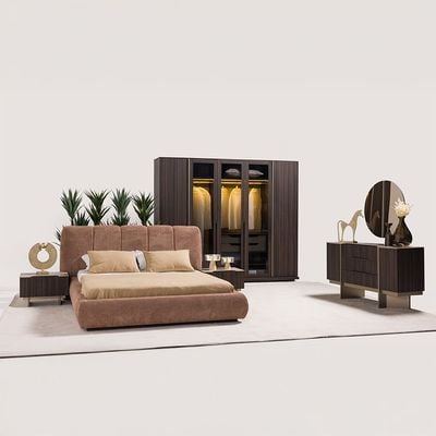 Stella 180 X 200 King Bed W/Storage + 2 Night Stands And Dresser With Mirror - Peach / Walnut Brown