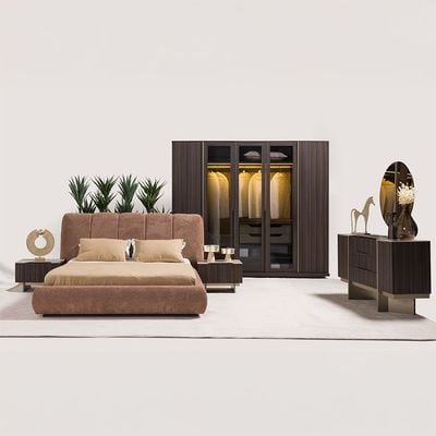 Stella 180 X 200 King Bed W/Storage + 2 Night Stands And Dresser With Mirror - Peach / Walnut Brown