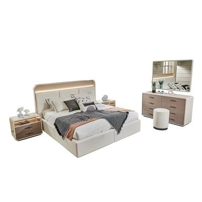 Libra 180x200 King Bed Set with 2 Nightstands with LED and Dresser with Mirror + Stool - Light Brown/Beige - With 2-Year Warranty