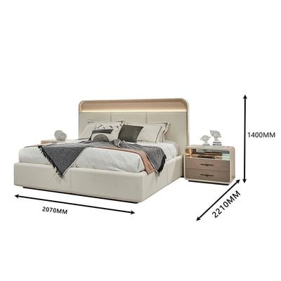 Libra 180x200 King Bed Set with 2 Nightstands with LED and Dresser with Mirror + Stool - Light Brown/Beige - With 2-Year Warranty