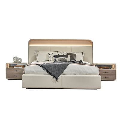 Libra 180x200 King Bed Set with 2 Nightstands with LED and Dresser with Mirror + Stool - Light Brown/Beige - With 2-Year Warranty