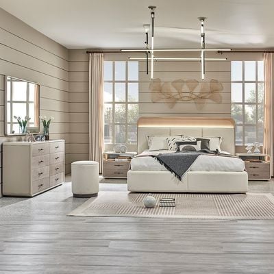 Libra 180x200 King Bed Set with 2 Nightstands with LED and Dresser with Mirror + Stool - Light Brown/Beige - With 2-Year Warranty