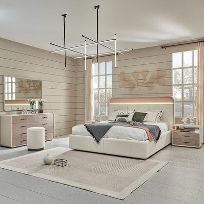 Libra 180x200 King Bed Set with 2 Nightstands with LED and Dresser with Mirror + Stool - Light Brown/Beige - With 2-Year Warranty