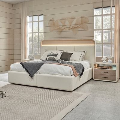 Libra 180x200 King Bed Set with 2 Nightstands with LED and Dresser with Mirror + Stool - Light Brown/Beige - With 2-Year Warranty