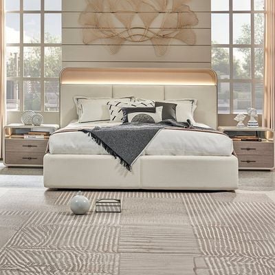 Libra 180x200 King Bed Set with 2 Nightstands with LED and Dresser with Mirror + Stool - Light Brown/Beige - With 2-Year Warranty