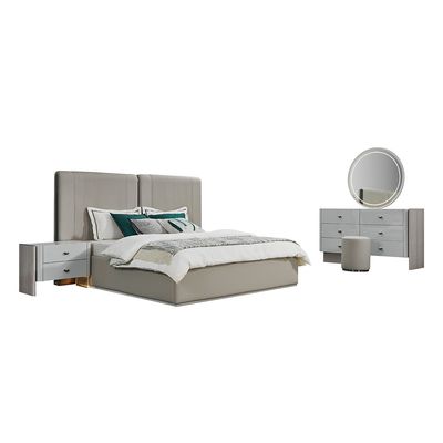 Lyka 180X200 King Bed Set W/ 2 Nightstand And Dresser &  Mirror W/  Led  Lights  + Stool - Light Grey  / White