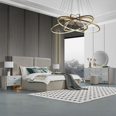 Lyka 180X200 King Bed Set W/ 2 Nightstand And Dresser &  Mirror W/  Led  Lights  + Stool - Light Grey  / White