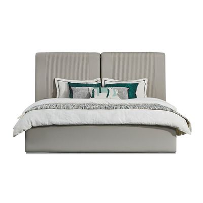 Lyka 180X200 King Bed Set W/ 2 Nightstand And Dresser &  Mirror W/  Led  Lights  + Stool - Light Grey  / White