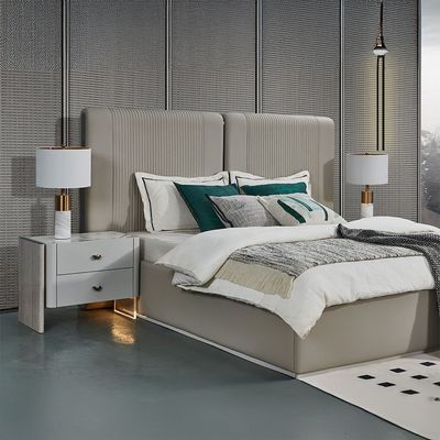 Lyka 180X200 King Bed Set W/ 2 Nightstand And Dresser &  Mirror W/  Led  Lights  + Stool - Light Grey  / White