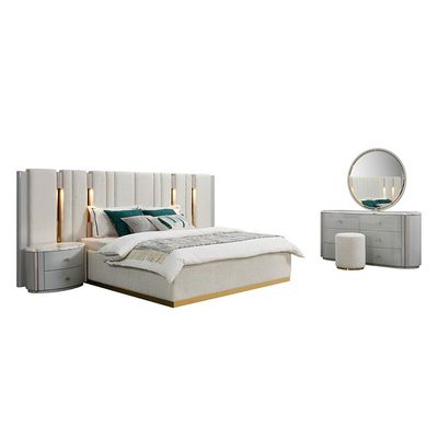 Camea 180X200 King Bed Set W/ 2 Nightstand And Dresser W/ Mirror + Stool - Light Beige / Gold