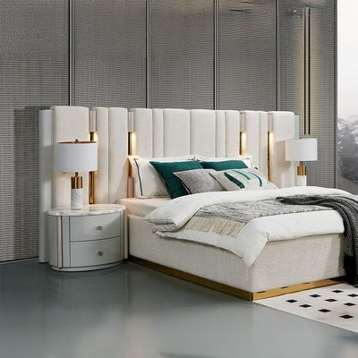 Camea 180X200 King Bed Set W/ 2 Nightstand And Dresser W/ Mirror + Stool - Light Beige / Gold