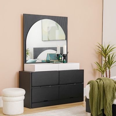 Onda 180 X 200 King Bed w/ 2 Night Stand & Dresser+ Mirror w/  LED  - Black / White 