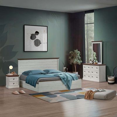 Pioneer 180x200 King Bed Set with 2 Nightstands & Dresser/Mirror - White Oak/Brown - With 2-Year Warranty 