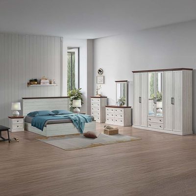 Pioneer 180x200 King Bed Set with 2 Nightstands & Dresser/Mirror - White Oak/Brown - With 2-Year Warranty 