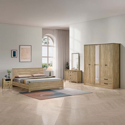 Athens 180x200 King Bed Set with 2 Nightstands & Dresser/Mirror - Light Oak - With 2-Year Warranty