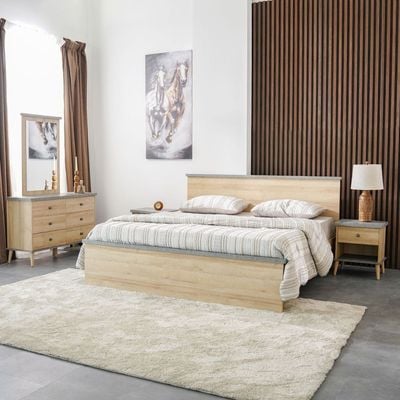 Eden 180x200 King Bed Set + 2 Nightstands + Dresser with Mirror - Oak/Cement - With 2-Year Warranty