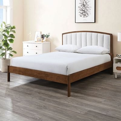 Derby Lloyd 180x200 Solid Wood King Bed with Upholstered Headboard -Brown+Beige - With 2-Year Warranty